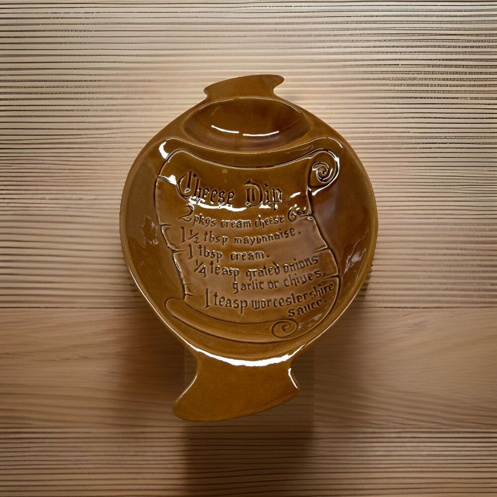 Vtg‎ California Pottery Brown Ceramic Chip And Dip Platter W/ Cheese Dip Recipe